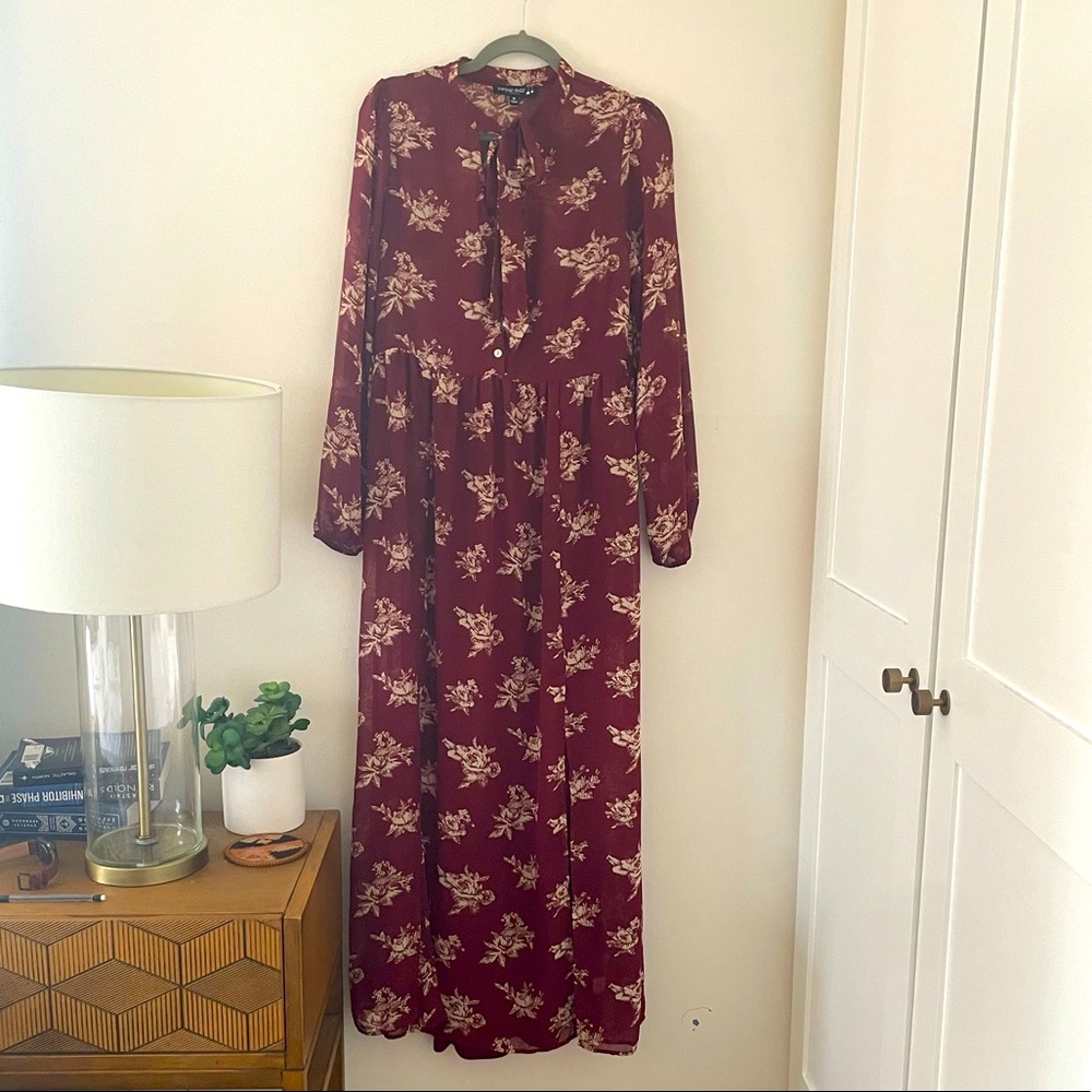 COPY - Roolee // Burgundy Floral Chiffon Maxi Dress with Roses - Size M